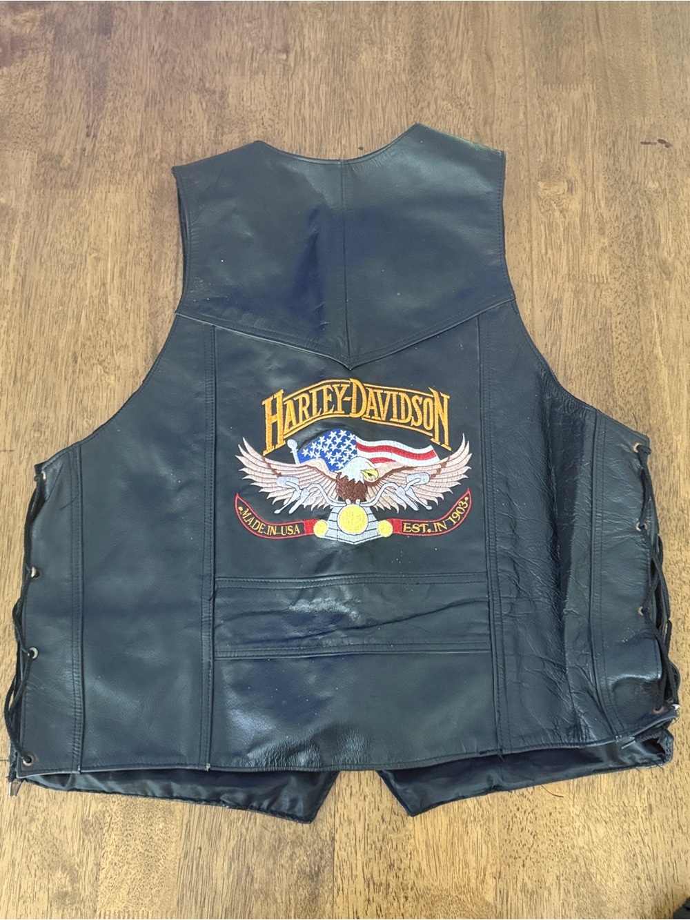 Men’s Harley-Davidson Black Leather Vest with Patriotic‎ Eagle Patch XL